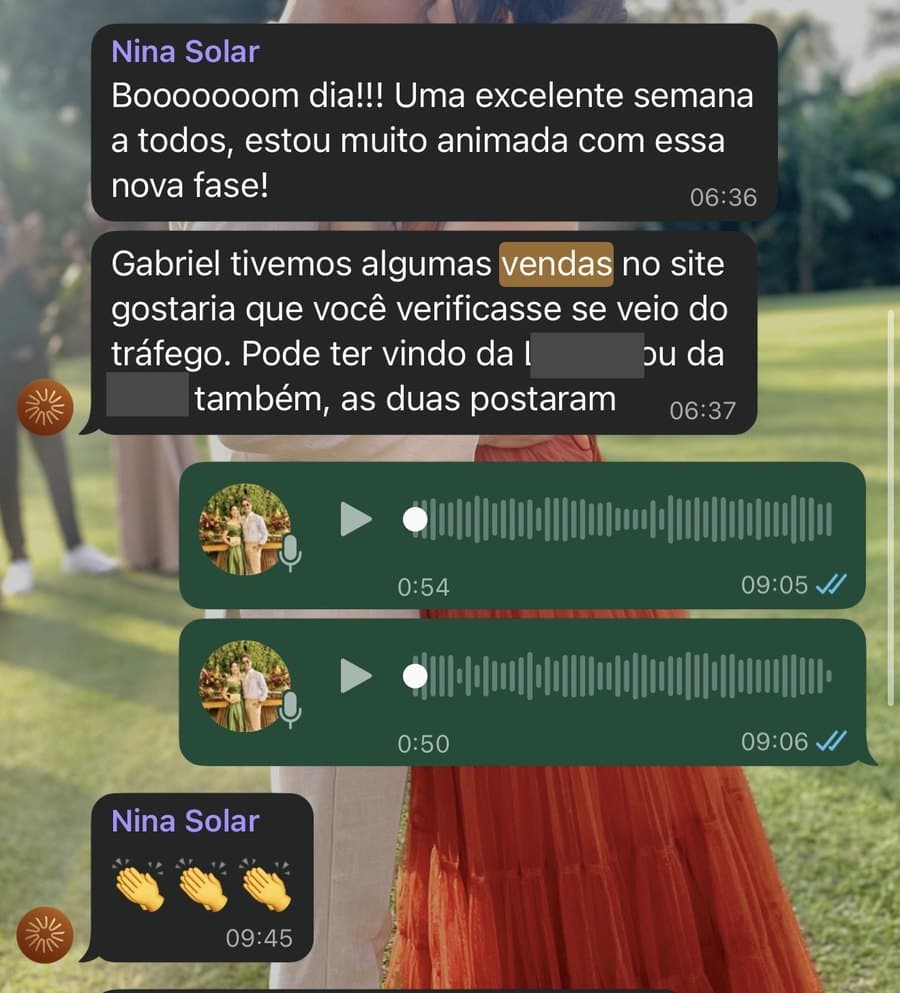 Conversación de WhatsApp con NINA SOLAR preguntando de dónde vinieron las ventas del sitio